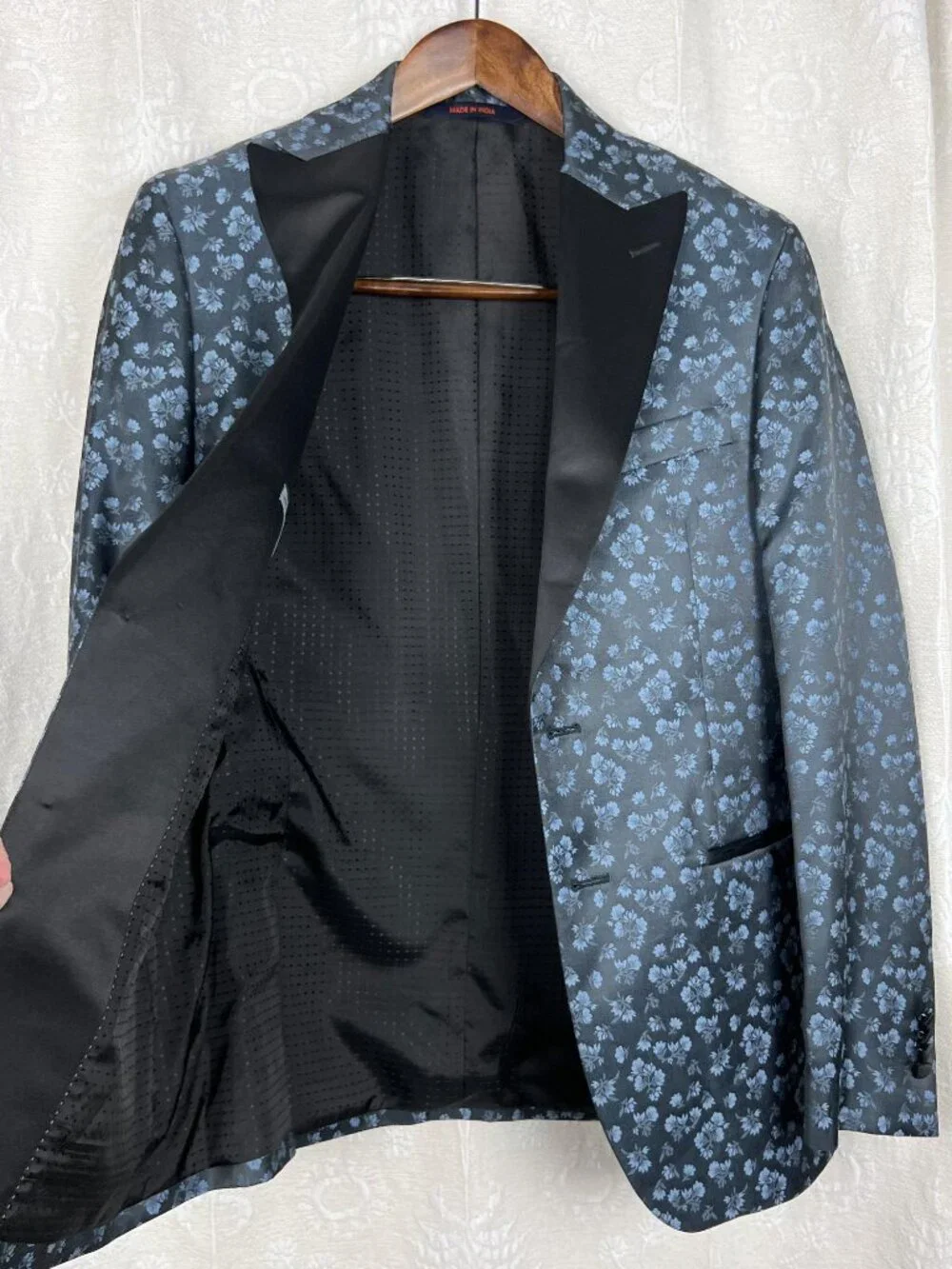Egara slim fit dinner jacket jacquard blue floral satin 38R 2-button suit blazer